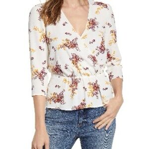 1. State Orange and Yellow Wrap Peplum Blouse with Notched Collar